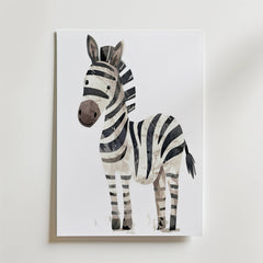 No-9 is a framed illustration featuring a cute zebra with black and white stripes, large ears, and a friendly expression, standing against a white background.