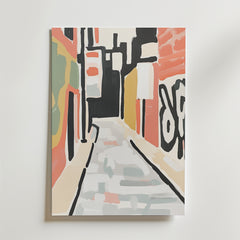 Denna abstrakta konst inspirerad av Bozettos Backstreet Geometry Poster avbildar en livlig stadsgränd med djärva penseldrag, färgglada byggnader och stor graffiti på premiumpapper med en lyxigt matt yta.