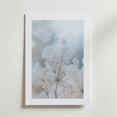 Frozen Branches Poster från Bozetto har skira frostvita växter på en mjuk, suddig bakgrund. Affischen är tryckt på FSC-certifierat premiumpapper med högkvalitativ finish och visas monterad på en ljus vägg.
