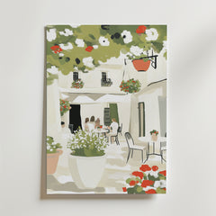 En målning av en uteservering med människor vid bord, krukväxter och hängande växter vid vita byggnader - en avslappnad, solig atmosfär som på Bozetto Flower Garden In Rome Poster.