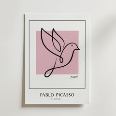 Picasso Bird of Hope Poster från Bozetto visar minimalistisk linjekonst av en duva över en rosa kvadrat. Nedanför är "PABLO PICASSO" och "A DOVE" tryckta i feta svarta versaler.