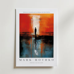 Alone in Color Mark Rothko Poster från Bozetto har abstrakt konst i rött, orange, svart och blått med en central silhuett. Tryckt på FSC-certifierat premiumpapper för en lyxigt matt finish av hög kvalitet. Text: Mark Rothko: Mark Rothko: Tystnad är så exakt.