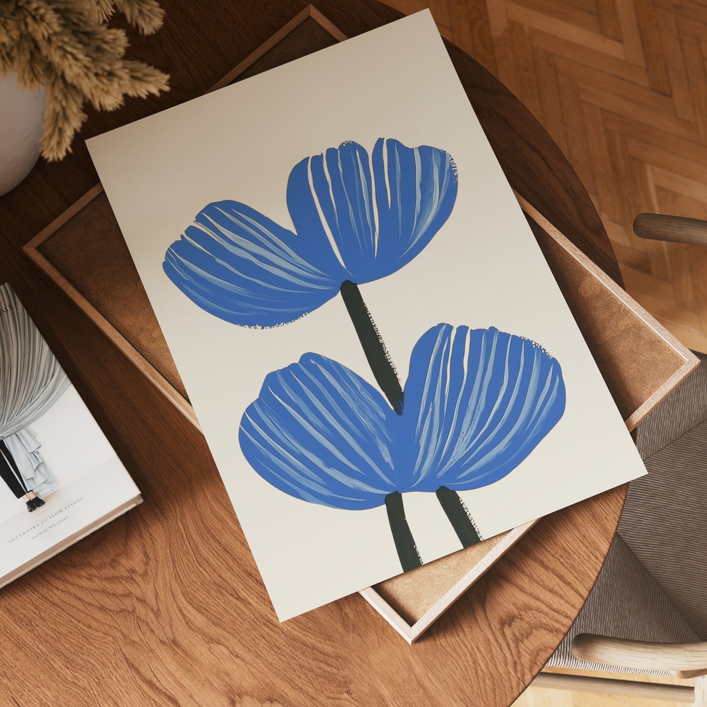 Blå blomsterprintet botanisk hjemmeplakat