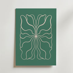 Inner Current Poster av Bozetto visar minimalistiska, organiska former med flödande vita linjer som liknar kronblad eller vingar, som strålar ut över en mörkgrön bakgrund.