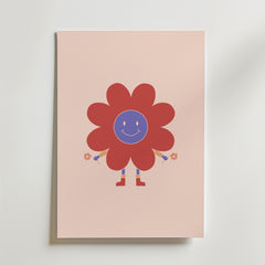 Happy Flower Character Poster från Bozetto föreställer en leende tecknad blomfigur med röda kronblad, blå mitt och små armar som håller i blommor, stående på två ben mot en ljusrosa bakgrund - charmig dekor för alla barnrum.