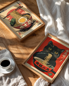 Bozetto Bundle 2-pack Japandi No. 7 innehåller en poster med ramen med ätpinnar och ägg, och en annan med en svart katt som äter ramen - båda fångar den lugna essensen av japansk matkultur.