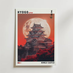 Bozettos Himeji Castle Poster föreställer det ikoniska landmärket från Hyogo under en stor fullmåne och röd himmel, med röda träd i förgrunden. Texten lyder HYOGO JAPAN, HIMEJI CASTLE, plus japanska tecken.