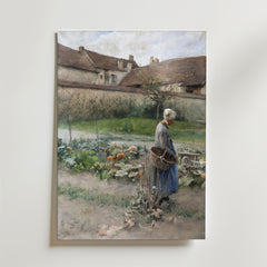 Bozetto Carl Larsson October Poster föreställer en kvinna i blå kjol och vit huvudduk med en korg, som promenerar genom en pumpaträdgård i höstljus, mot hus och en molnig himmel.