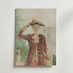 Bozetto Carl Larsson Stina Bergöö 1884 Poster har en stilren akvarell av en ung man i 1700-tals klädsel med trehörningshatt och röd rock, som gör honnör utomhus bland grönska och fönsterluckor - perfekt för romantisk inredning.