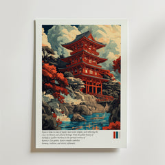 Bozetto Tranquil Kyoto Temple Poster föreställer en stiliserad japansk pagod bland lummiga träd och en damm, i starka röda och gröna nyanser. Text och färgprover visas under bilden på en ren vit bakgrund.