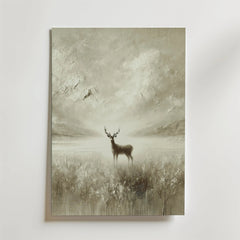 Bozetto Whispering Deer Poster visar en sepiahjort i ett dimmigt landskap på FSC-certifierat premiumpapper med en lyxigt matt yta, vilket skapar en miljövänlig och lugn atmosfär.
