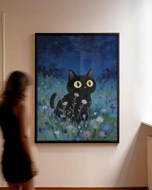 Väggmockup av Blue Hour Cat affisch på ljus tegelvägg – Bozetto konsttryck i hög tryckkvalitet