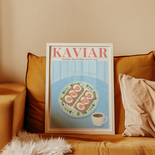 Mockup av Kaviar Knäckebröd och Ägg affisch på vägg – köp enkelt hos Bozetto i hög kvalitet