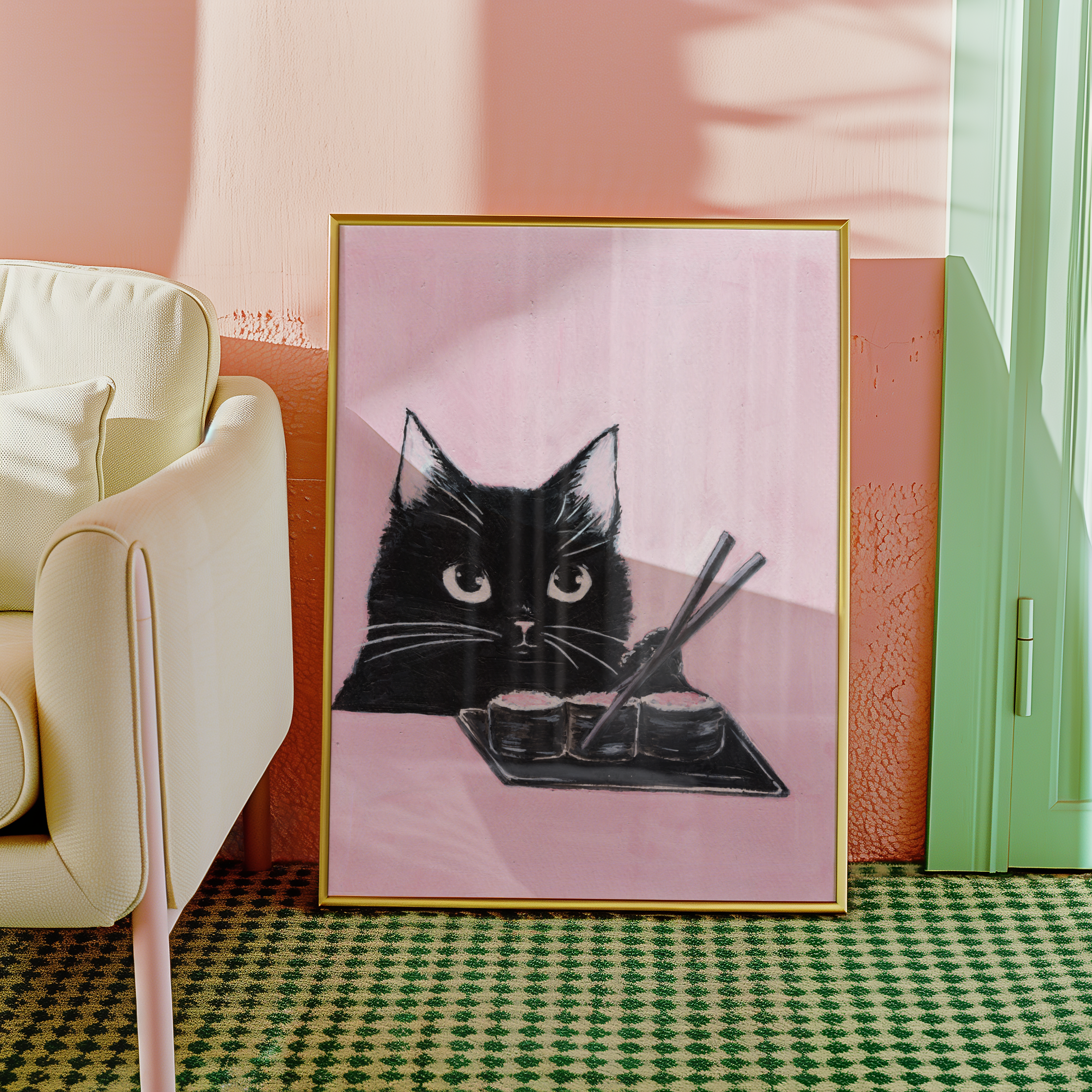 Mockup av Helena Engström Sushi Cat affisch på vägg – köp enkelt hos Bozetto i hög kvalitet