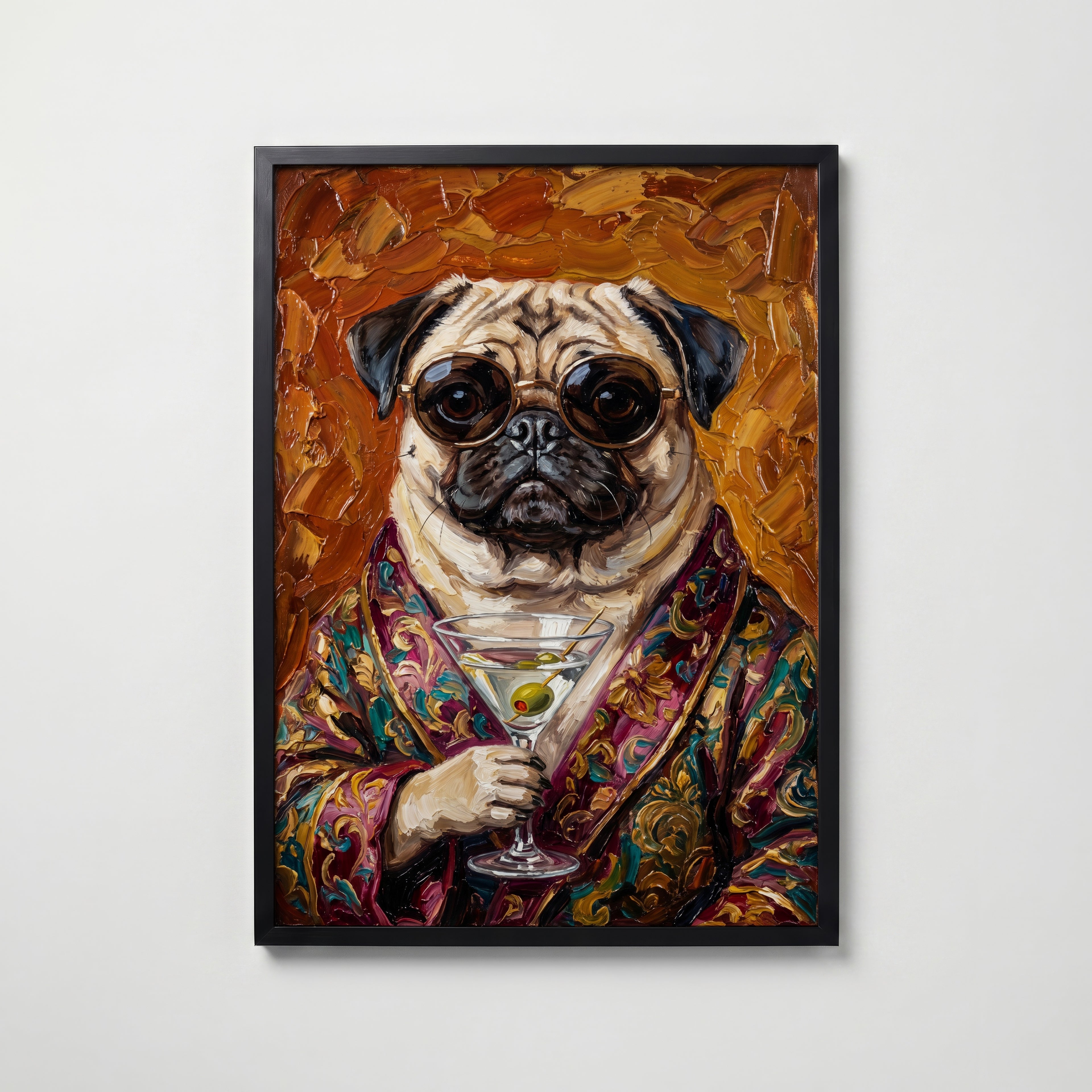 Martini Pug Poster – svart ram