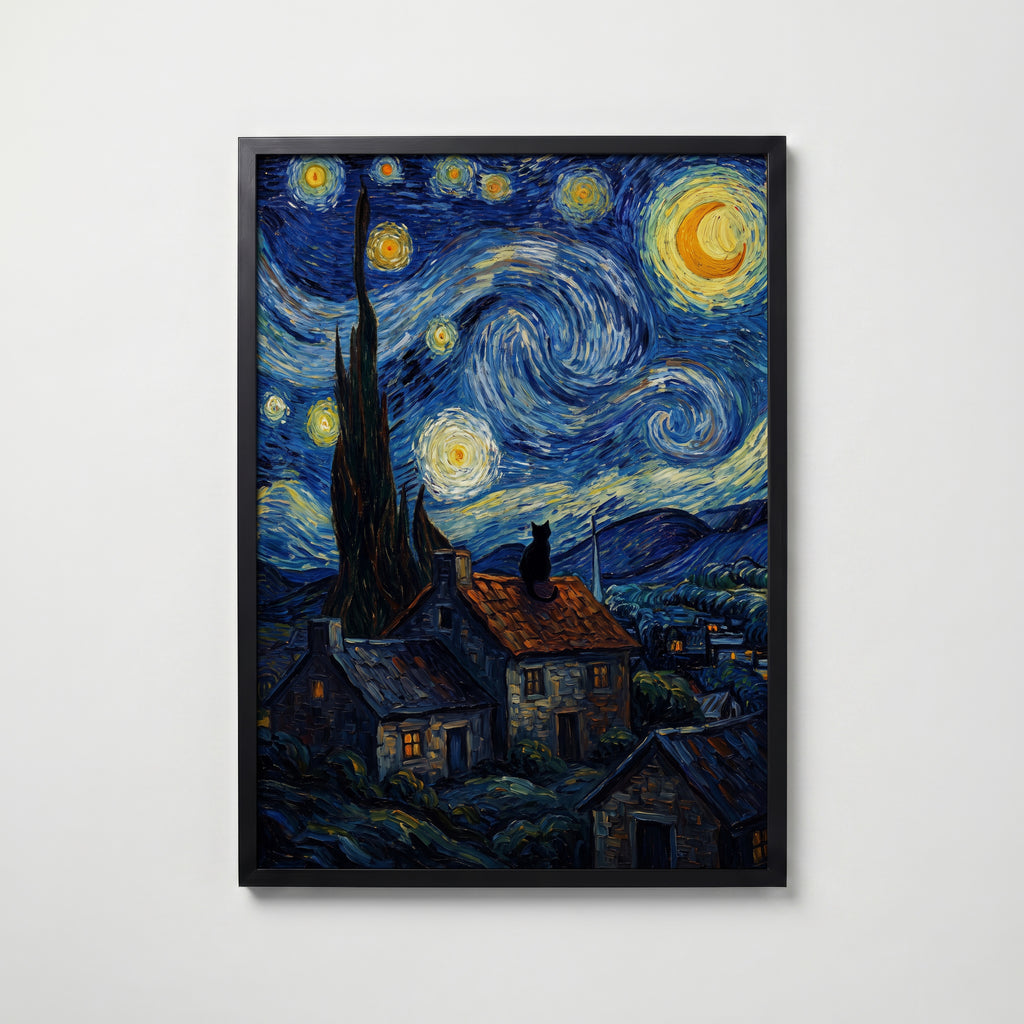 Starry Night Cat Poster – svart ram