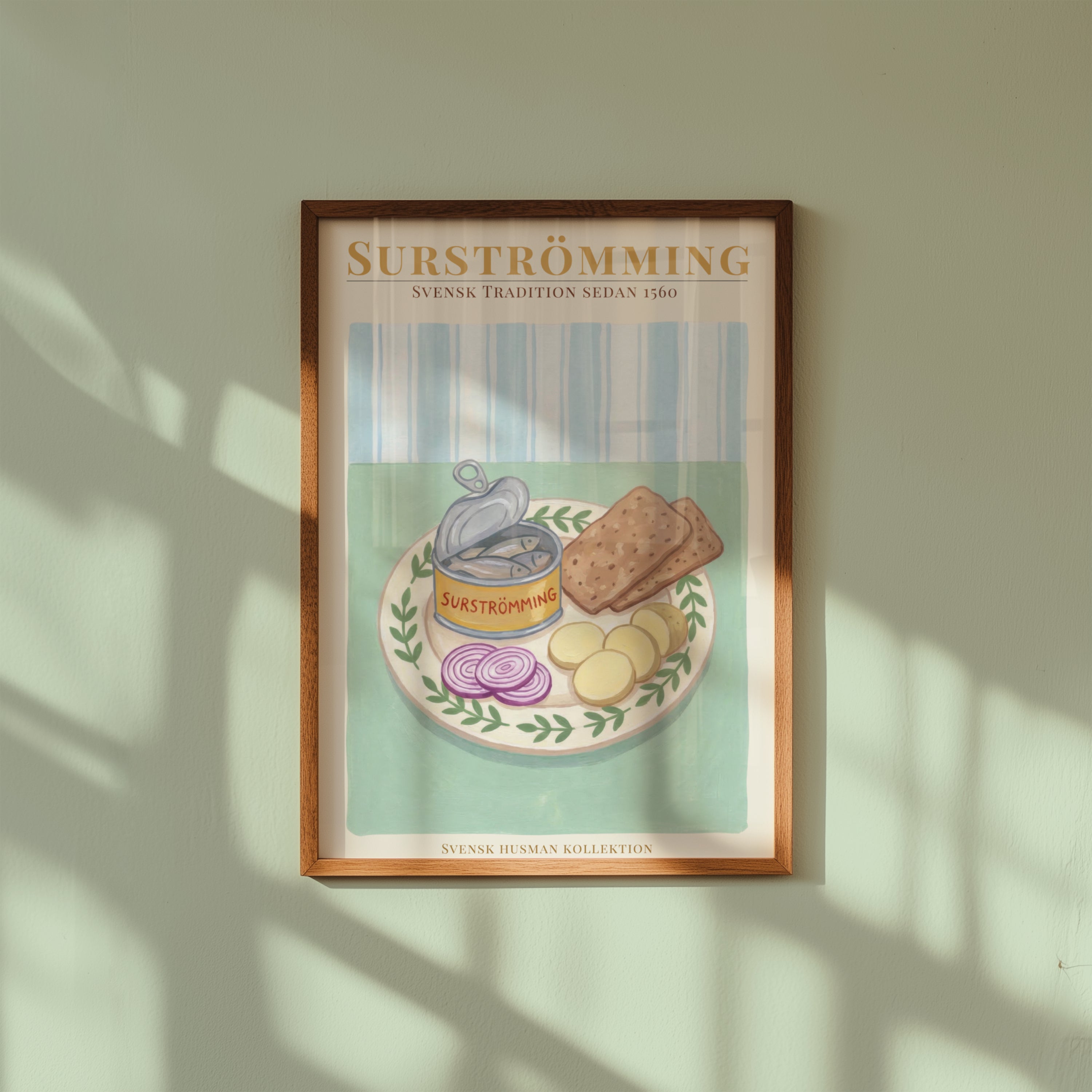 Väggmockup av Surströmming affisch på ljus tegelvägg – Bozetto konsttryck i hög tryckkvalitet