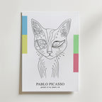 Bozetto Picasso Abstract Cat Portrait Poster visar en minimalistisk linjeteckning av en katt med mönster, geometriska färgblock och texten "PABLO PICASSO portrait of my dream cat" - perfekt för dig som älskar abstrakt konst.