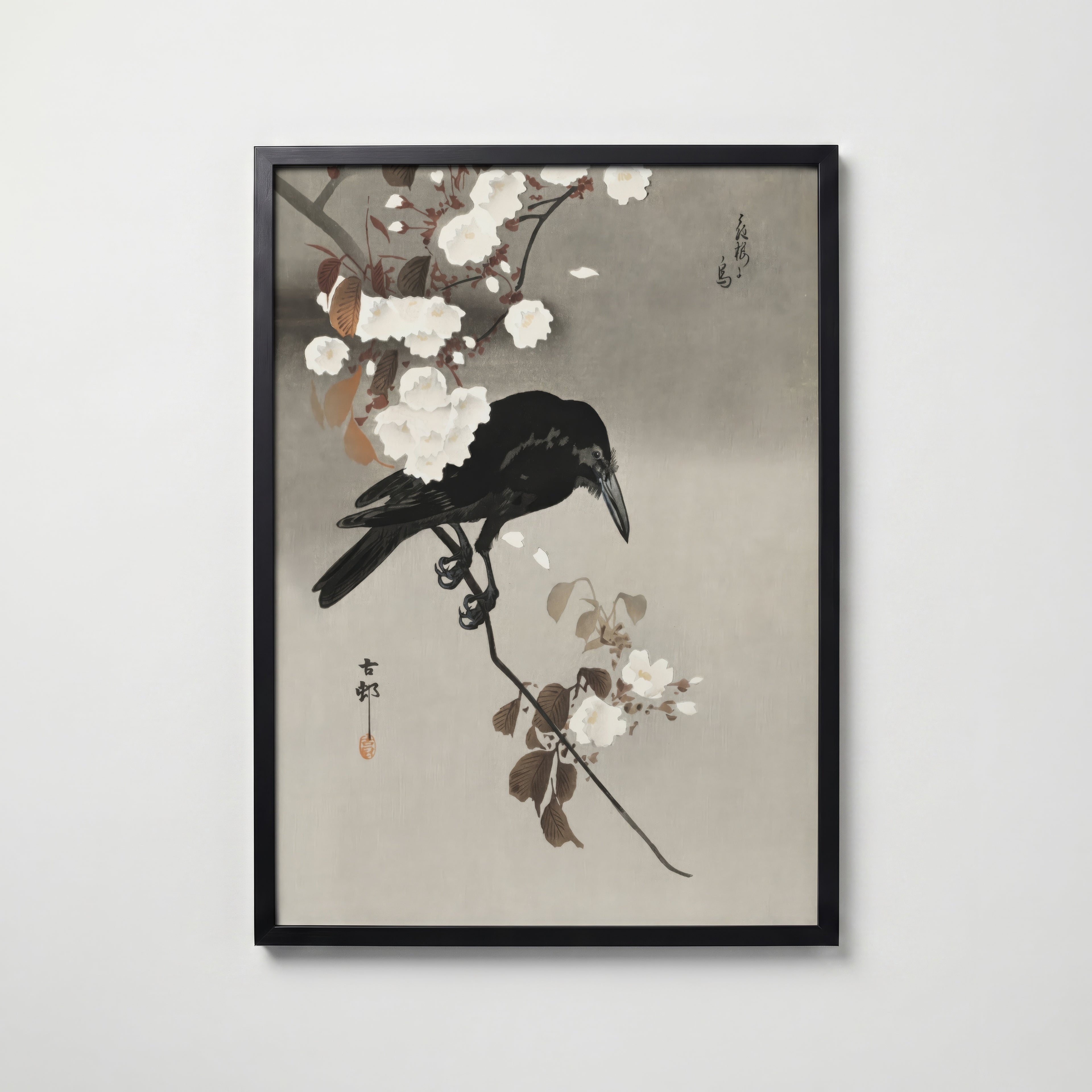 Crow and Cherry Blossom i svart ram på vägg – köp enkelt hos Bozetto affisch i hög kvalitet