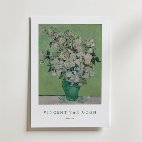 Bozetto Van Gogh Roses Poster föreställer en grön vas med vita rosor på ett matt premiumpapper med text nedan: "Vincent Van Gogh" och "Roses, 1890.