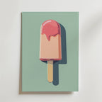 A minimalist illustration of no-9: a popsicle with a pink, melting top on a light green background, centered on a rectangular canvas with a right-cast shadow.