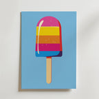 The no-9 print features a colorful popsicle with pink, yellow, orange, and blue stripes on a blue background, displayed on a rectangular sheet of paper against a white surface.