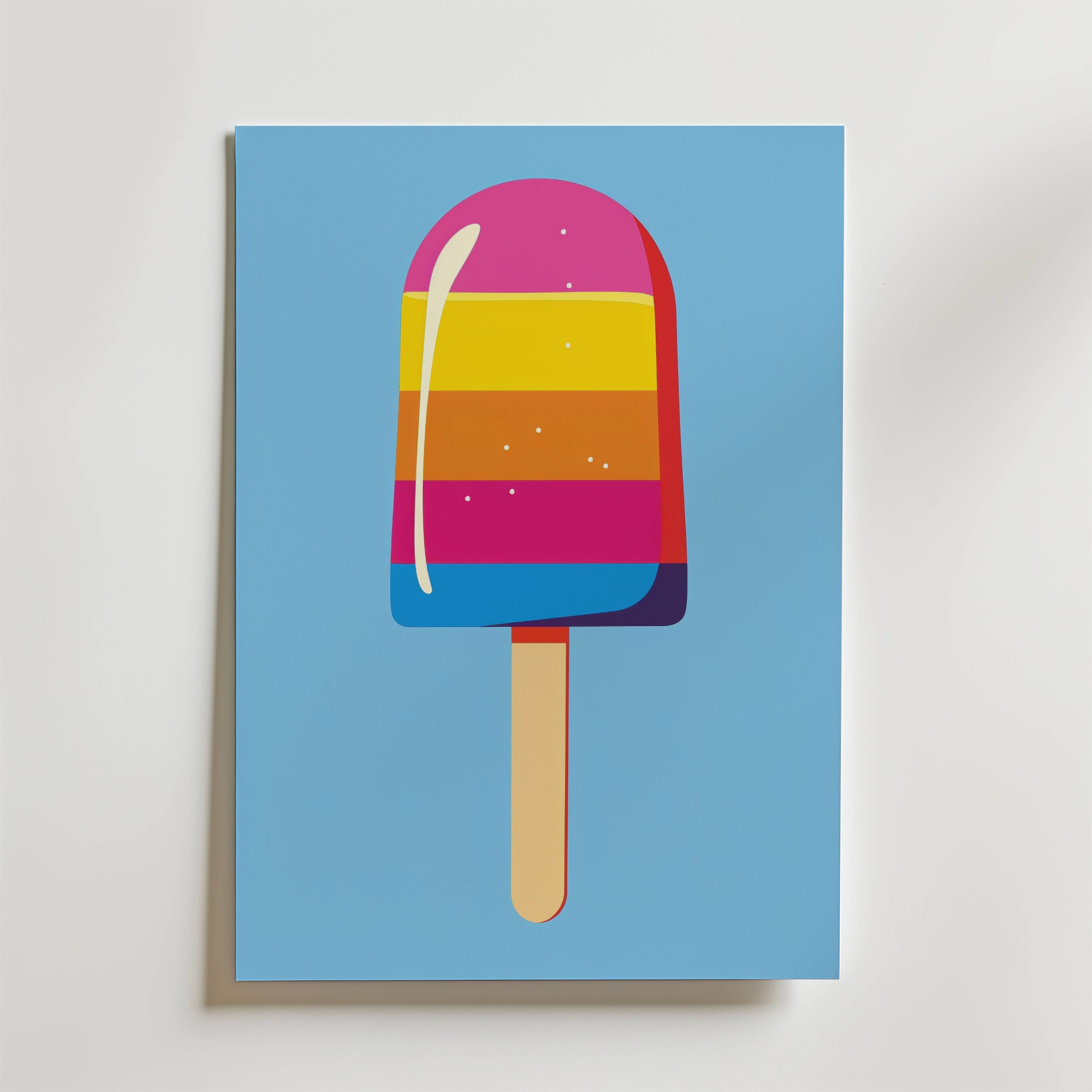 The no-9 print features a colorful popsicle with pink, yellow, orange, and blue stripes on a blue background, displayed on a rectangular sheet of paper against a white surface.