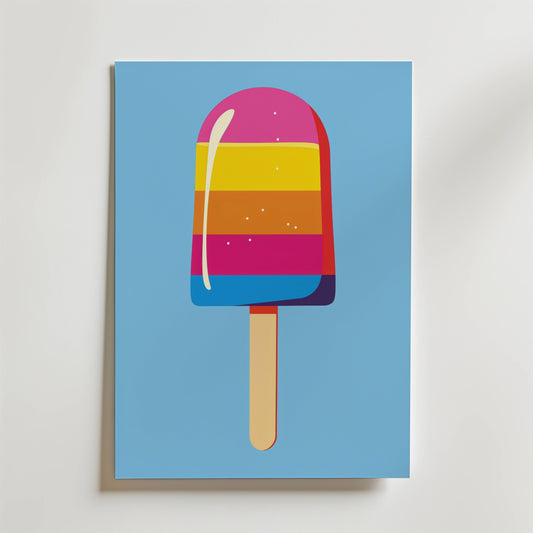 The no-9 print features a colorful popsicle with pink, yellow, orange, and blue stripes on a blue background, displayed on a rectangular sheet of paper against a white surface.