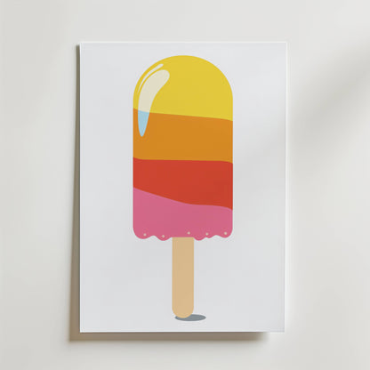 The no-9 poster showcases a minimalist design of a colorful popsicle with yellow, orange, and pink layers on a wooden stick, displayed against a plain white background.
