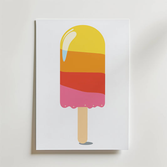 The no-9 poster showcases a minimalist design of a colorful popsicle with yellow, orange, and pink layers on a wooden stick, displayed against a plain white background.