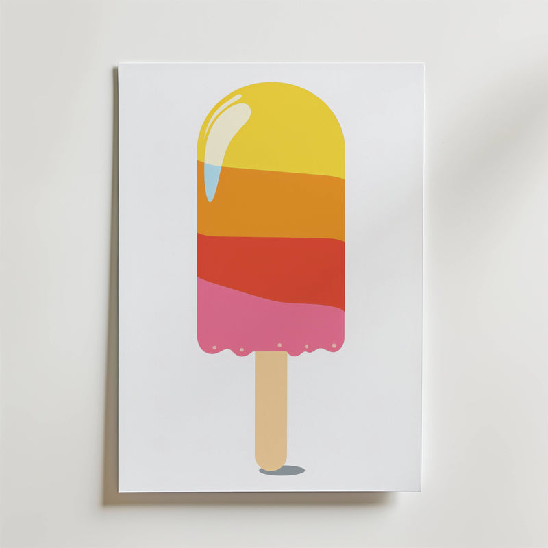 The no-9 poster showcases a minimalist design of a colorful popsicle with yellow, orange, and pink layers on a wooden stick, displayed against a plain white background.