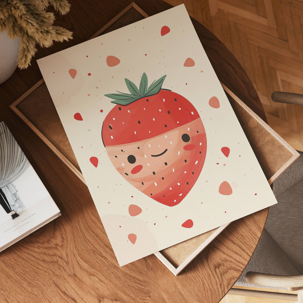 The no-9 features a cute strawberry illustration with a smiling face and blushing cheeks, surrounded by small red shapes, set on a wooden table next to a book and a decorative tray.