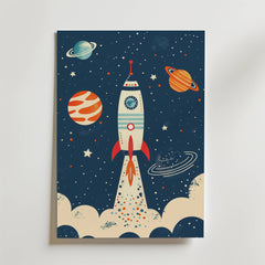 The no-9 features a playful, cartoon-style illustration of a rocket launching into a dark blue sky, surrounded by colorful planets, stars, and clouds.