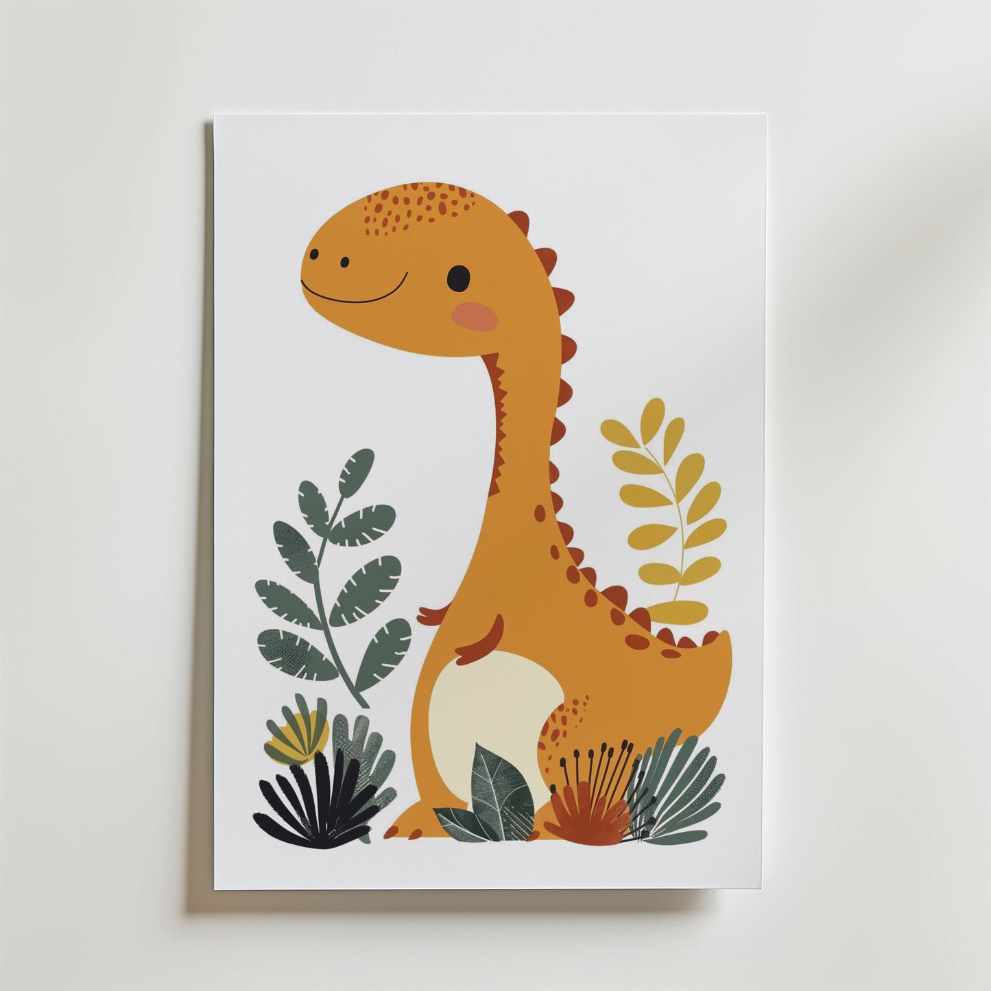 No-9 features a cute, smiling orange dinosaur with small spots, standing among green and yellow leafy plants, illustrated on a white background.