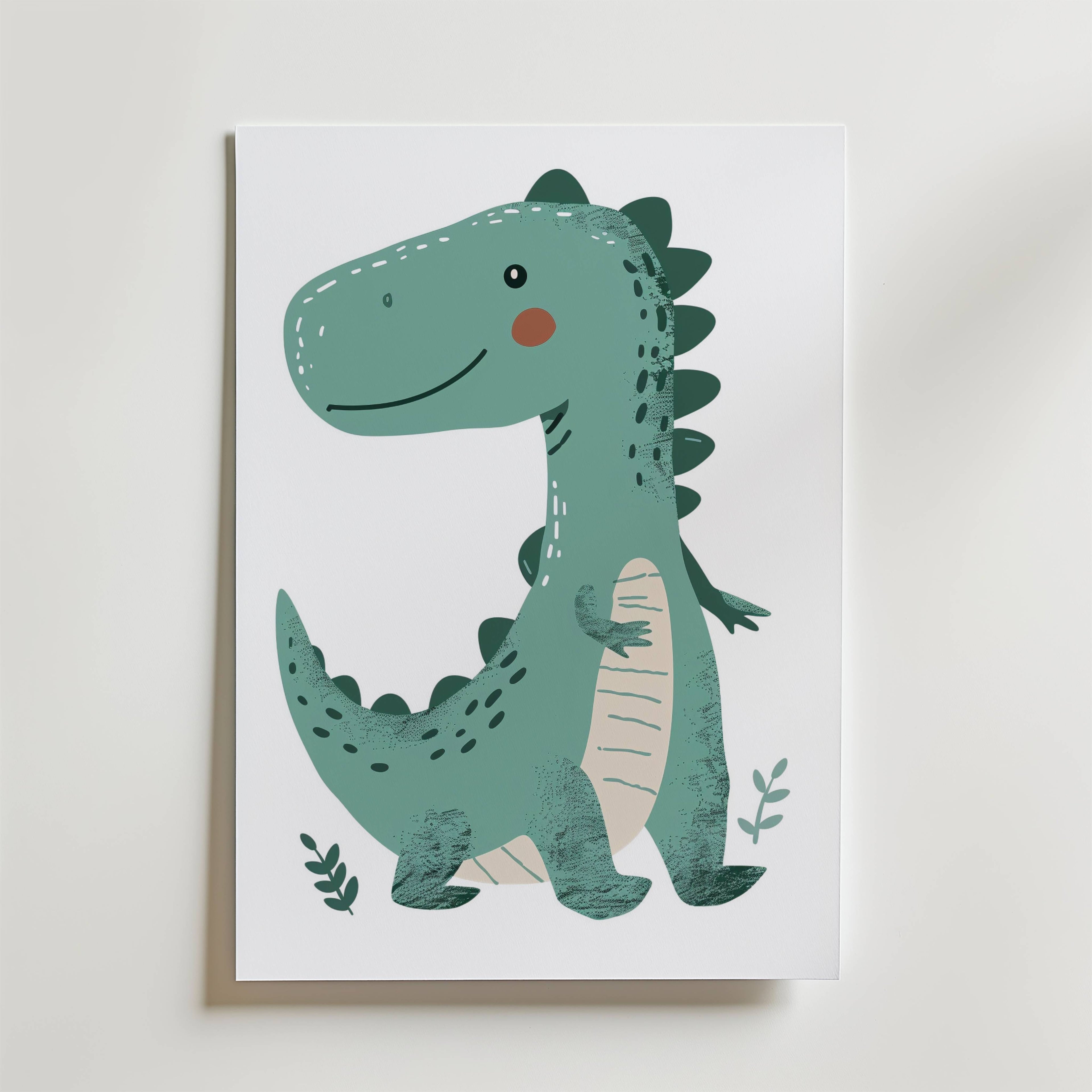 No-9 is a cute, cartoon-style green dinosaur with dark spikes, a rosy cheek, and a big smile, standing upright on a white background with small leaves near its feet.