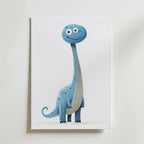 The no-9 product is a framed illustration featuring a smiling, cartoon-style blue dinosaur with a long neck, big eyes, and small dark spots, standing upright on a plain white background.