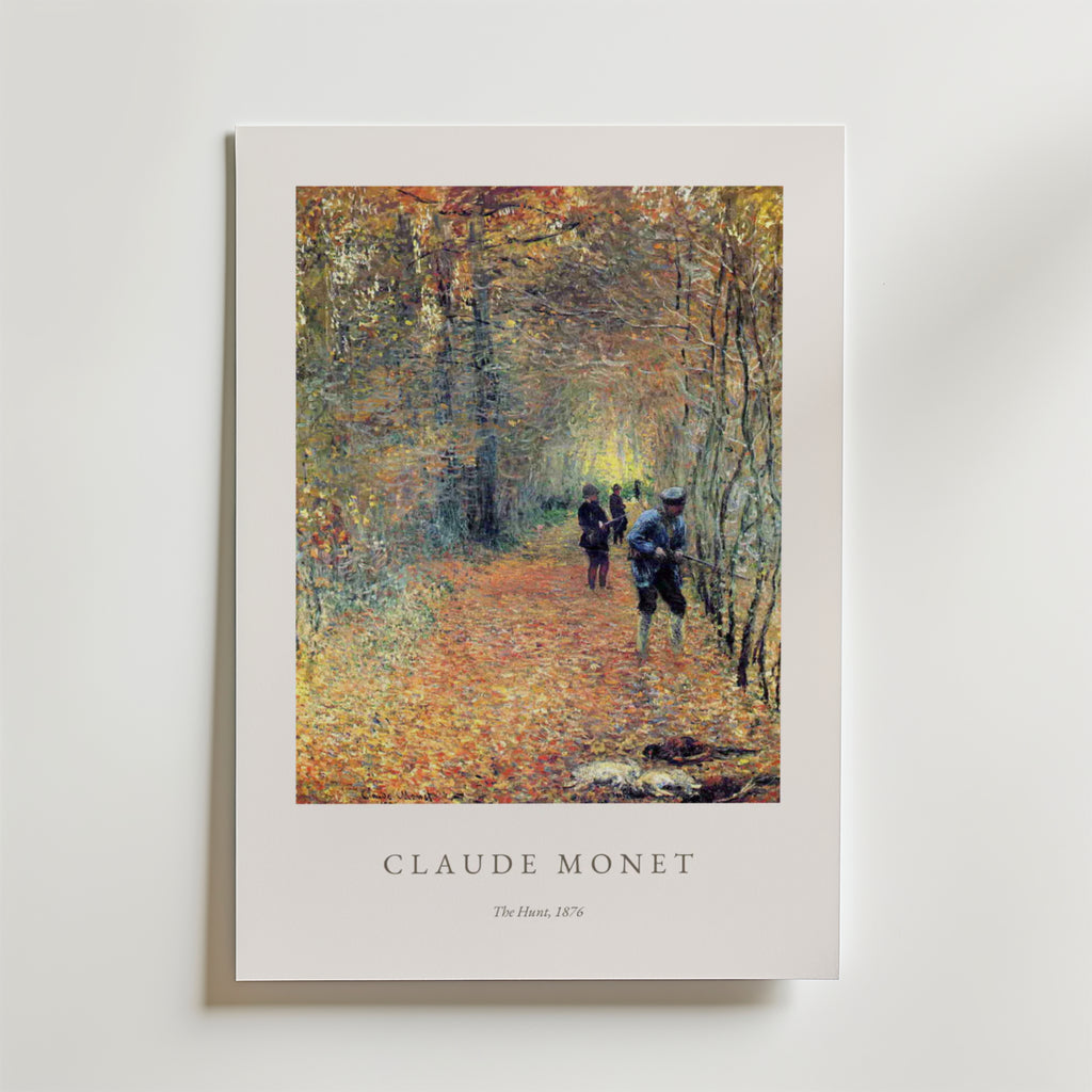 Bozetto "Claude Monet The Hunt Poster" föreställer människor som promenerar på en trädkantad höstväg, med Monets namn och konstverkets titel tryckt under bilden.