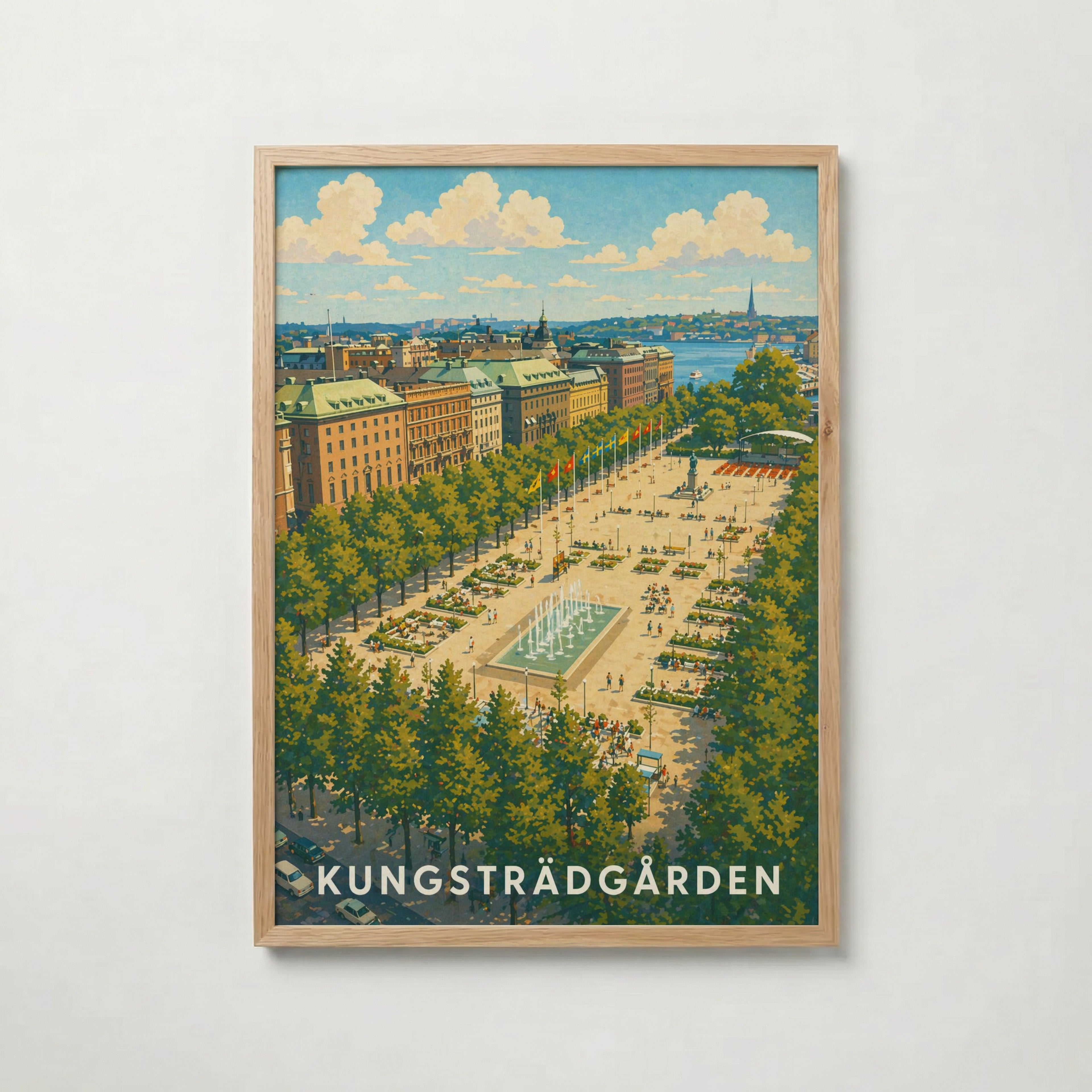 Kungsträdgården Stockholm i ekram med ljust trä – köp enkelt hos Bozetto affisch