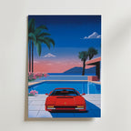 En Retro 80s Ferrari Hiroshi Poster by Bozetto föreställer en röd sportbil parkerad vid en pool, omgiven av palmer och blommor, med ett modernt hus, stilla hav och berg i solnedgång i bakgrunden - allt i en lyxigt matt yta och högkvalitativ finish.