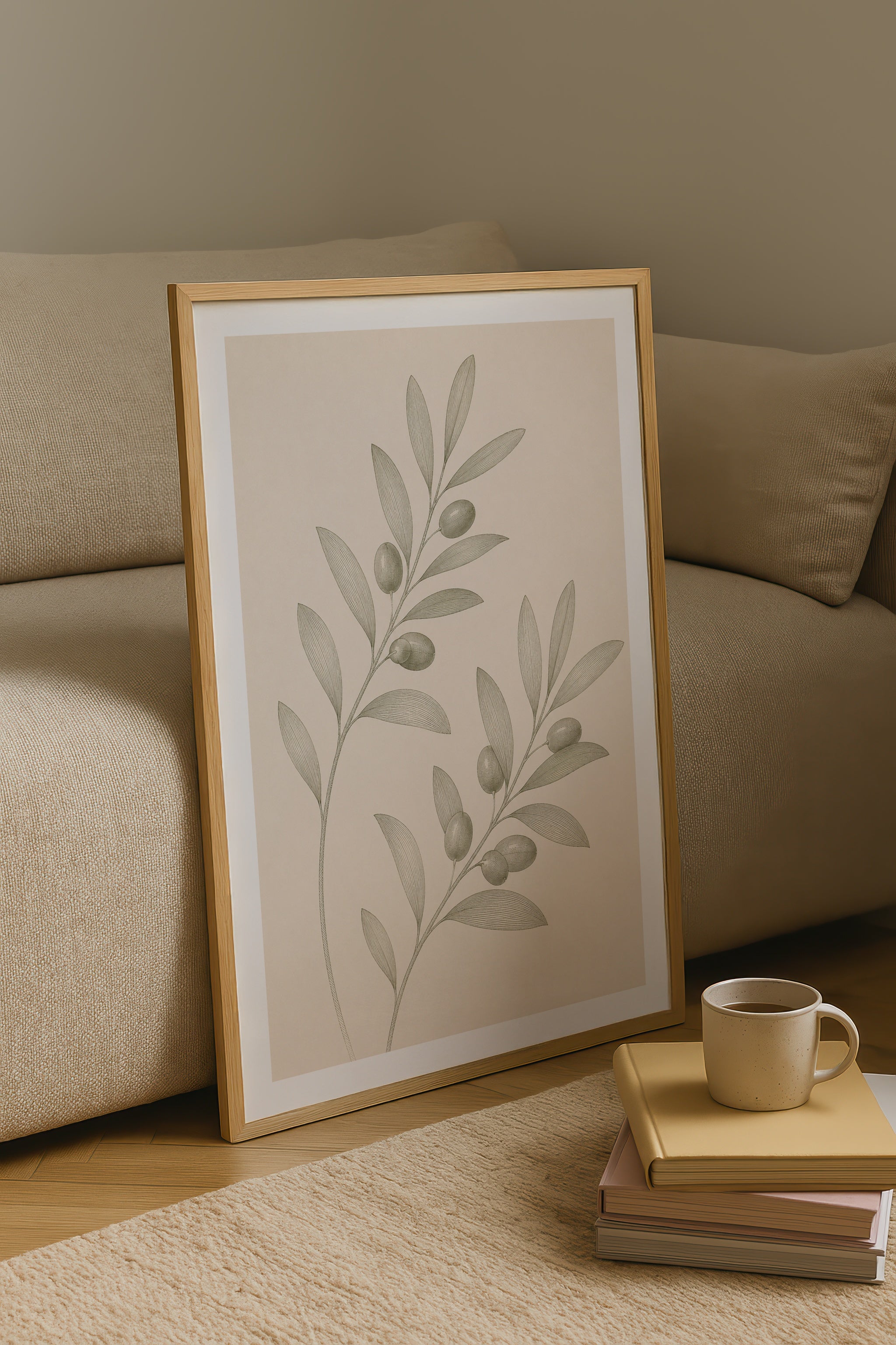 Trailing Olive Sprig affisch i ljust minimalistiskt vardagsrum – köp enkelt hos Bozetto