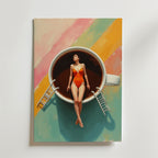 Bikini Coffe Poster från Bozetto visar en kvinna i röd baddräkt som slappar på en gigantisk kaffekopp, med stegar och en pastellrandig bakgrund, allt tryckt på matt yta premiumpapper för en snygg look.