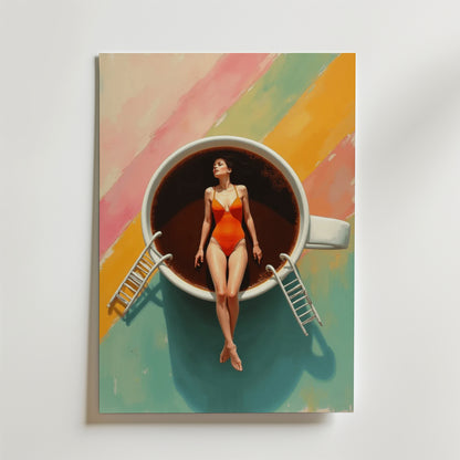 Bikini Coffe Poster från Bozetto visar en kvinna i röd baddräkt som slappar på en gigantisk kaffekopp, med stegar och en pastellrandig bakgrund, allt tryckt på matt yta premiumpapper för en snygg look.
