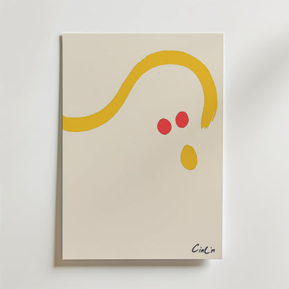 Bozetto Cin Cin Minimalistisk Poster: Vit canvas med gul böjd linje, två röda prickar och en gul oval på premiumpapper. Signerad CinCin i nedre högra hörnet.