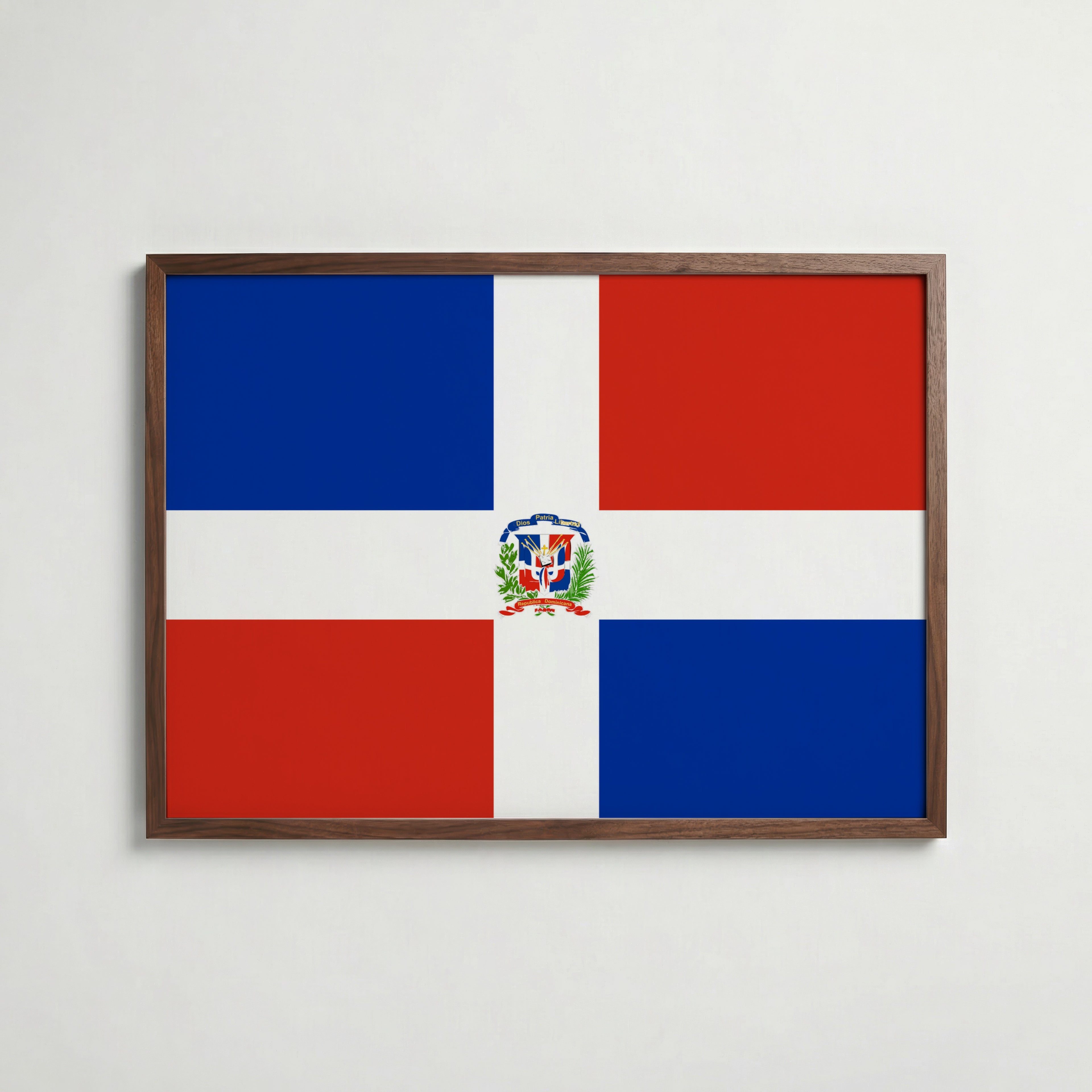 Dominican Republic National Flag Poster i valnötsram – varm konstaffisch för hemmet från Bozetto