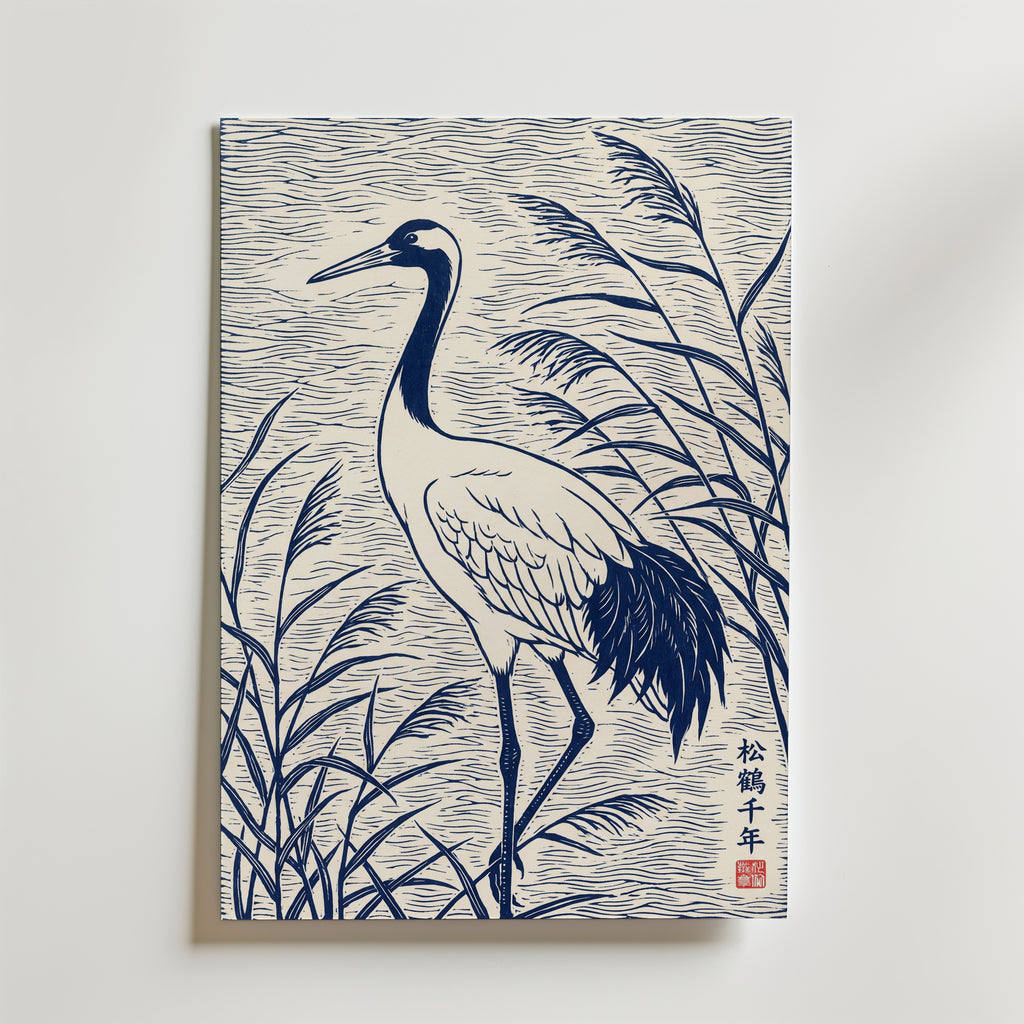 Blue Crane Linocut Poster – canvas utan passepartout