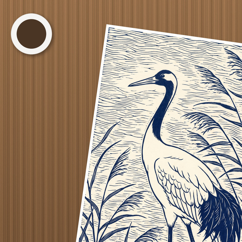 Blue Crane Linocut Poster – närbild på papper