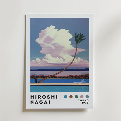 Bozetto Hiroshi Nagai Cloudside Palm Poster föreställer Nagais stiliserade konst - en lutande palm vid en pool, båt, moln - med texten HIROSHI NAGAI, fem färgprover och "TOKYO 1973" i det nedre högra hörnet.