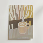 En Bozetto Whispers Of Warmth Coffee Poster har en stiliserad kaffekopp som ångar på ett bord, framför varmt tonade, abstrakta trädliknande former - tryckt på premiumpapper för en mysig touch.