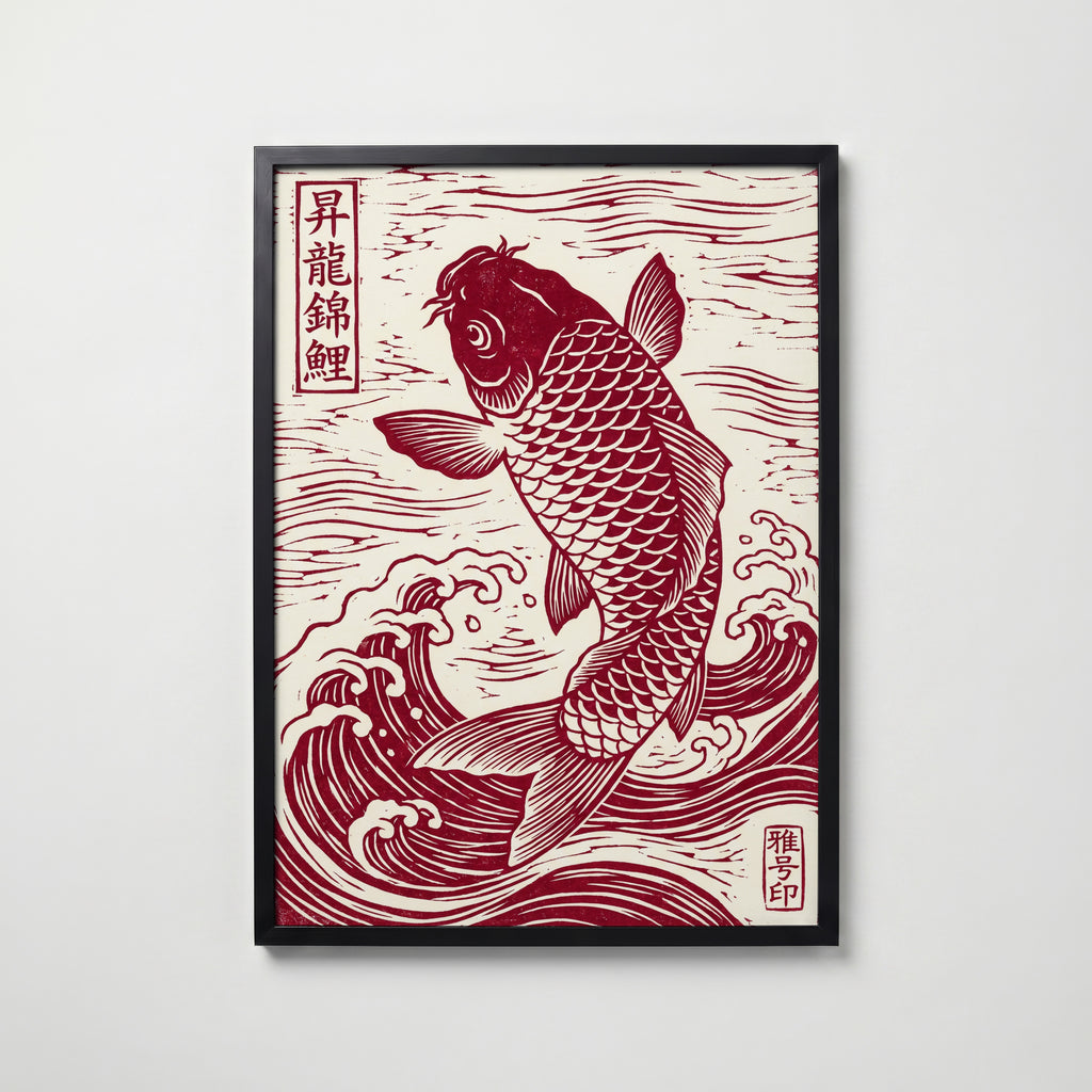 Red Koi Linocut Poster – svart ram