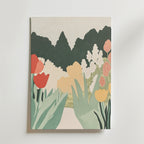 Marigold Sunshine Poster by Bozetto visar livfulla röda, gula och vita trädgårdsblommor med gröna blad och abstrakta buskar under en ljus himmel, tryckt på FSC-certifierat premiumpapper för en minimalistisk känsla.